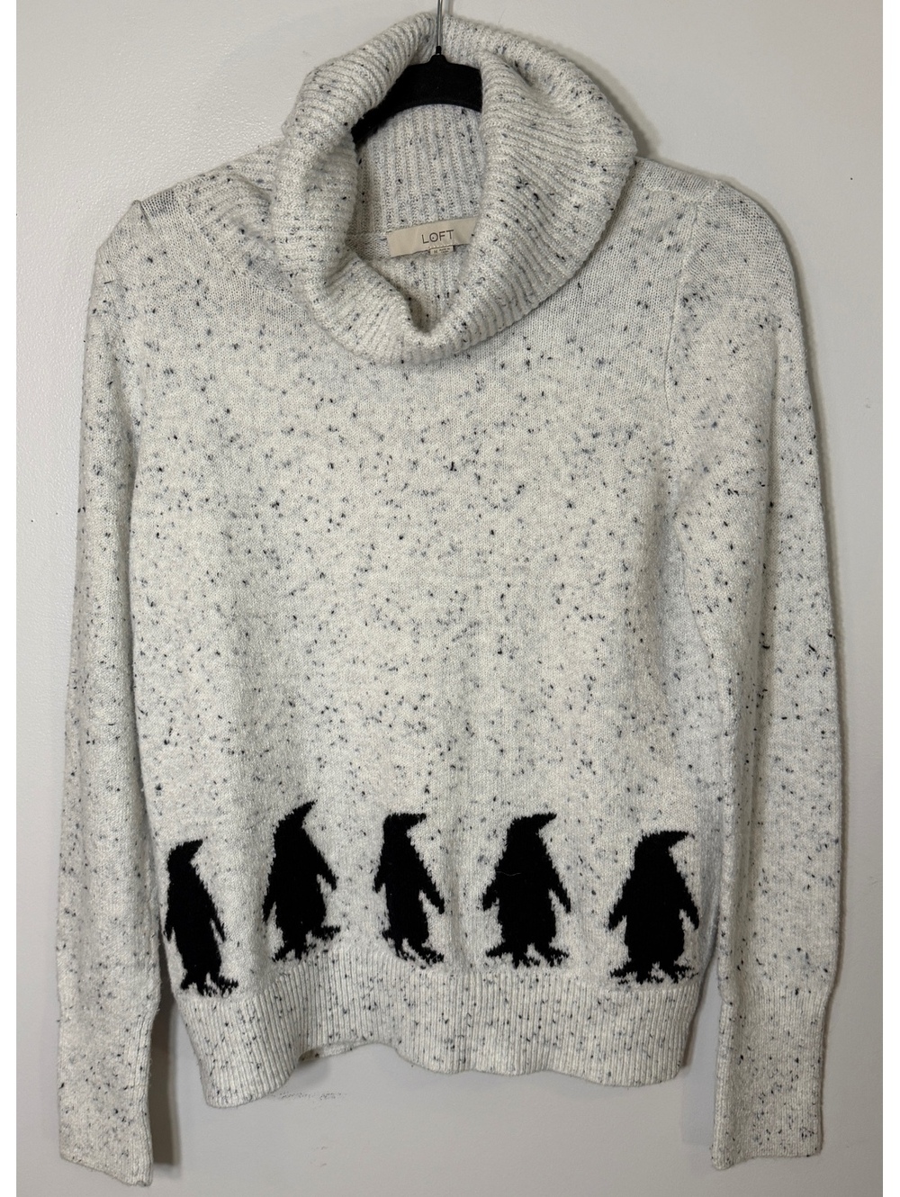 Loft penguin cowl neck sweater medium gray speckled knit winter cozy